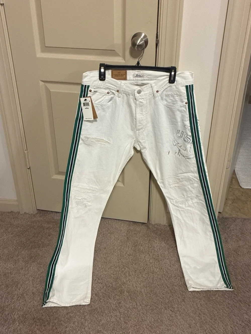 Polo by Ralph Lauren White Slim Straight Jeans with Green & Navy Side Stripes
